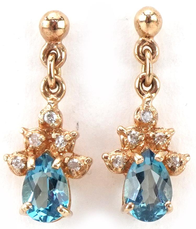 Pair of 9ct gold diamond and blue stone teardrop earrings, each 1.8cm high, total 1.6g