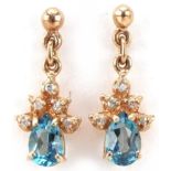 Pair of 9ct gold diamond and blue stone teardrop earrings, each 1.8cm high, total 1.6g