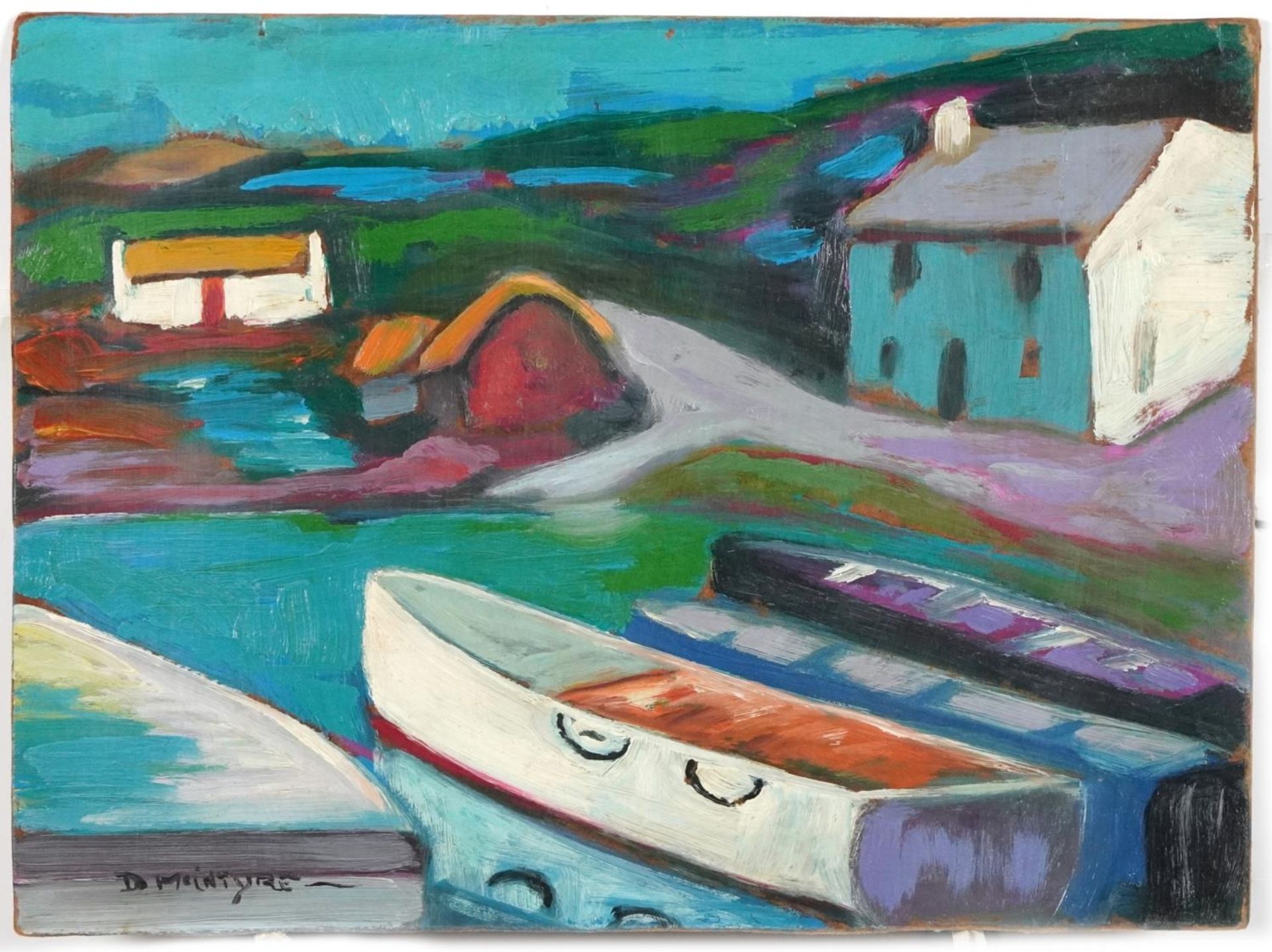 After Donald McIntyre - Moored boats before cottages, Scottish Colourist school oil on board, - Image 2 of 4