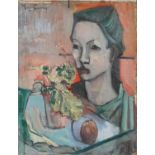 Portrait of a young female in an interior, oil on board, unframed, 46cm x 36cm