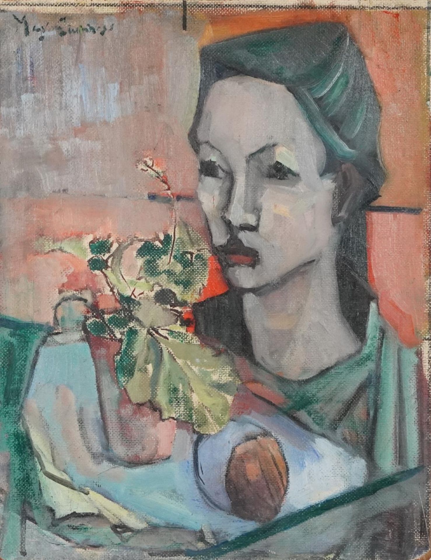 Portrait of a young female in an interior, oil on board, unframed, 46cm x 36cm