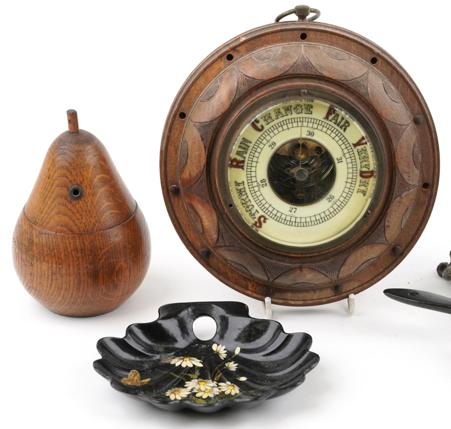 Sundry items including a 19th century oak string box in the form of a pear, pair of bronzed - Bild 2 aus 3