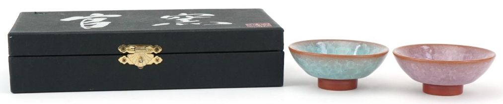 Pair of Japanese studio pottery footed bowls having crystalline type glazes, housed in a fitted box,