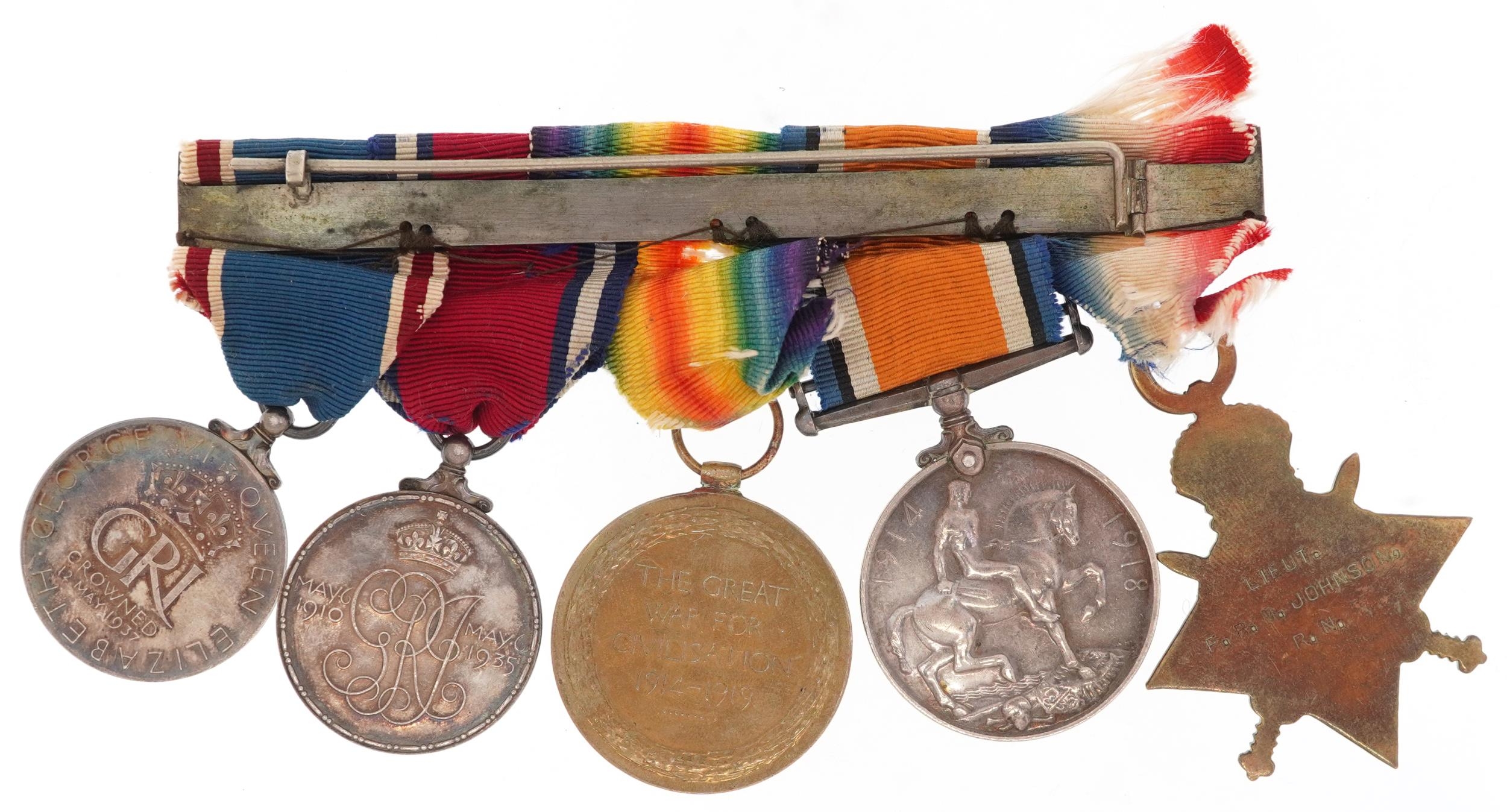 British military naval World War I medals and two Coronation medals awarded to LIEUT F.R.M.JOHNSON