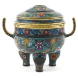 Chinese cloisonne patinated bronze tripod censer with pierced cover enamelled with flowers, four