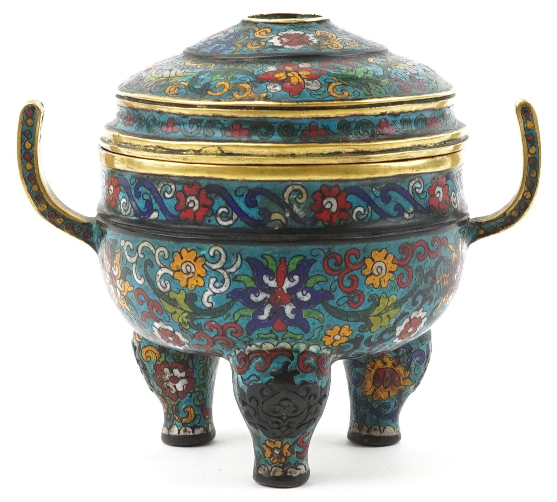 Chinese cloisonne patinated bronze tripod censer with pierced cover enamelled with flowers, four