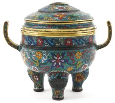 Chinese cloisonne patinated bronze tripod censer with pierced cover enamelled with flowers, four