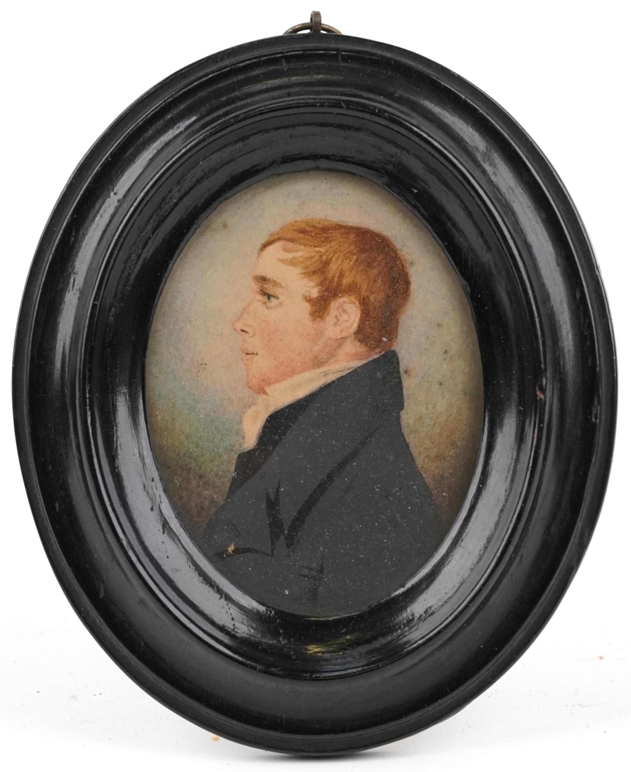 Three Georgian oval hand painted portrait miniatures housed in ebonised frames, including one of - Image 7 of 12