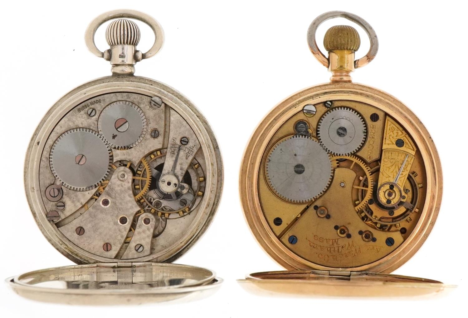 Two gentlemen's open face keyless pocket watches with two silver sports jewels and a white metal - Image 4 of 6