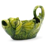 Large Victorian Ault pottery Majolica jardinière in the form of a fish with an open mouth, 35cm in