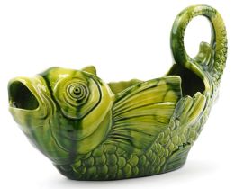 Large Victorian Ault pottery Majolica jardinière in the form of a fish with an open mouth, 35cm in