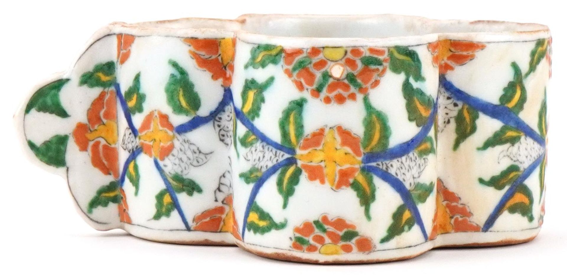 Turkish Ottoman Armenian Kutahya cup hand painted with faces and stylised flowers, 15.5cm in length - Image 4 of 5