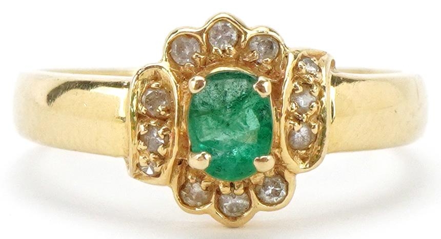 18ct gold emerald and diamond cluster ring, size N/O, 3.2g