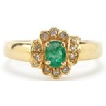 18ct gold emerald and diamond cluster ring, size N/O, 3.2g