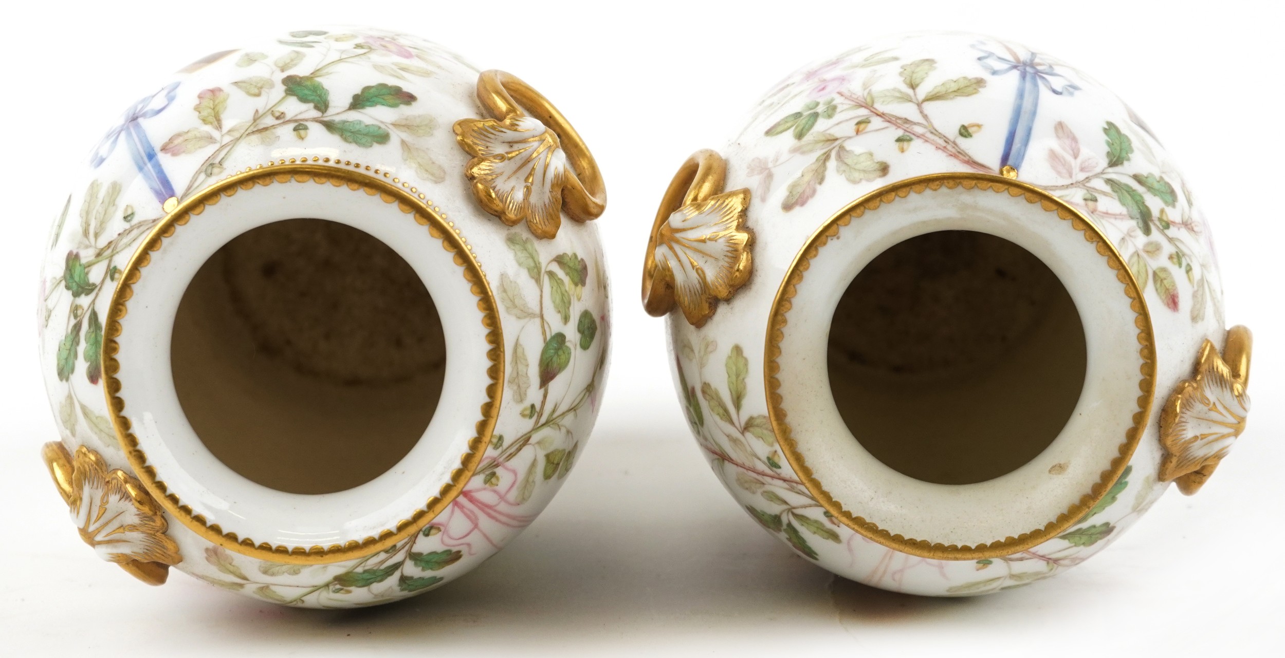 Pair of 19th century European porcelain vases with ring turned handles hand painted with hanging - Image 3 of 4