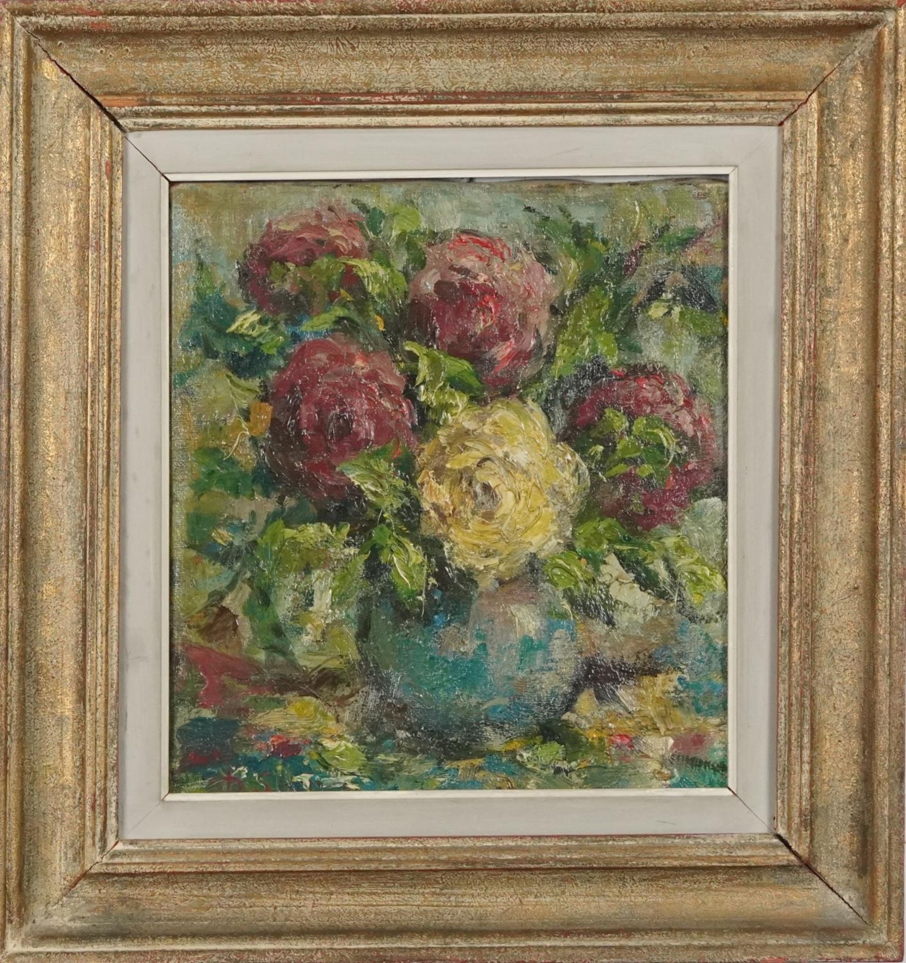 Still life flowers in a vase, oil on canvas, indistinctly signed, mounted and framed, 33.5cm x - Image 2 of 4