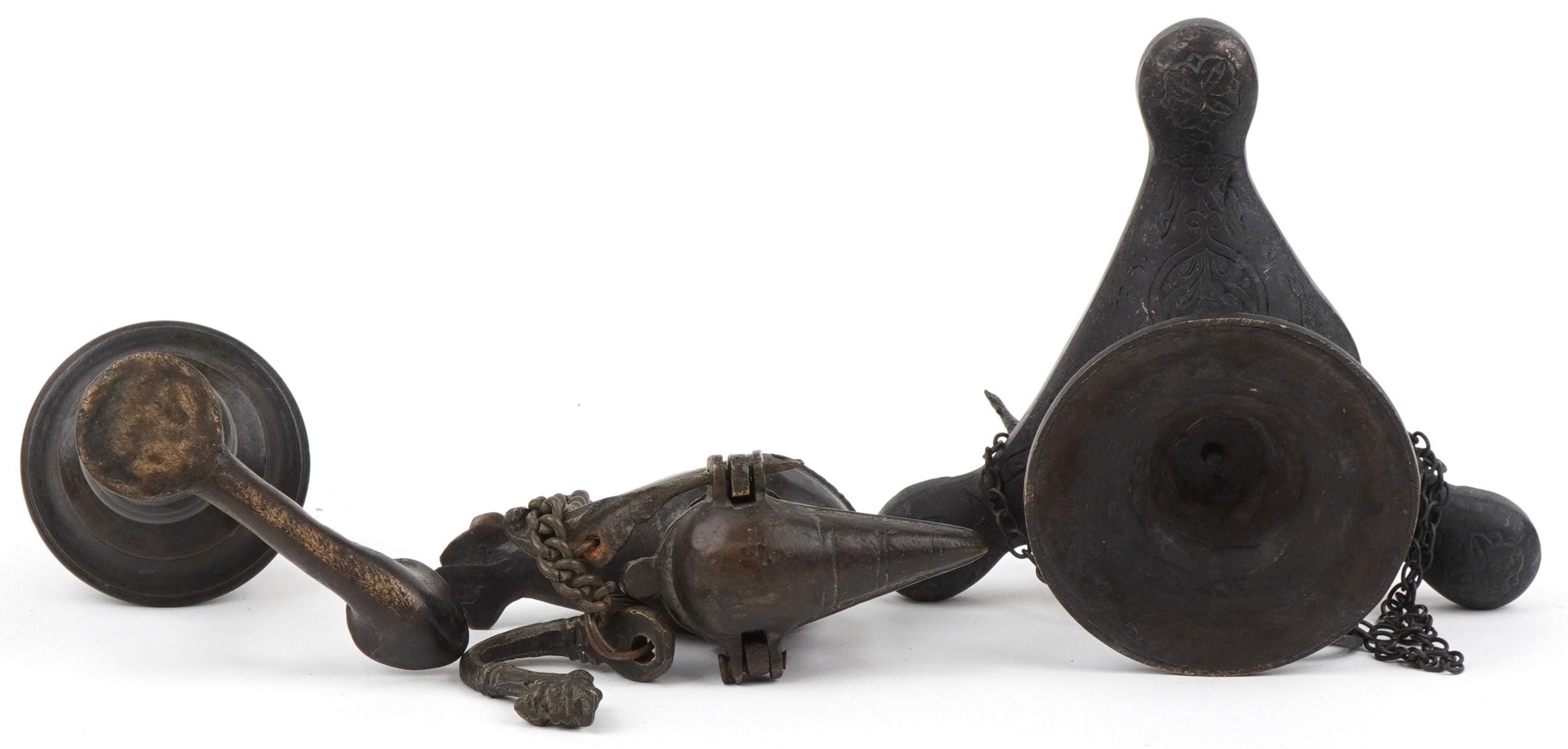 Two antique Indian bronzed hanging oil lamps, one in the form of a mythical bird and a Byzantine - Image 3 of 3