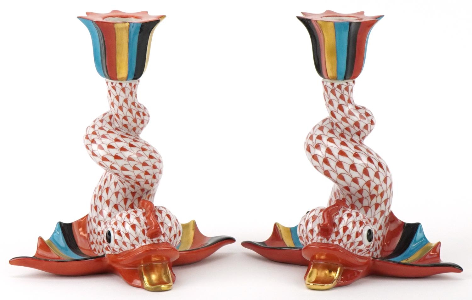 Herend, pair of Hungarian hand painted porcelain fishnet pattern candlesticks in the form of