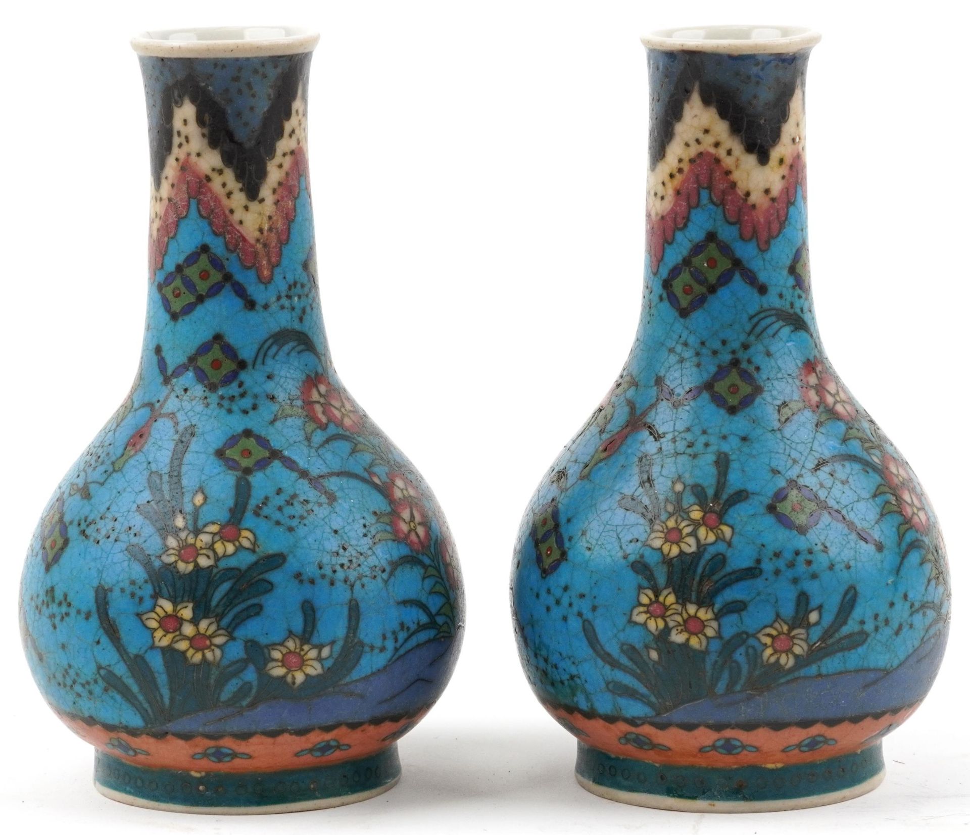 Pair of Japanese Owari shippo porcelain vases enamelled with flowers, each 19cm high - Image 4 of 6