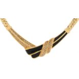 Christian Dior, vintage gold plated black enamel and clear stone necklace, 40cm in length, 43.5g