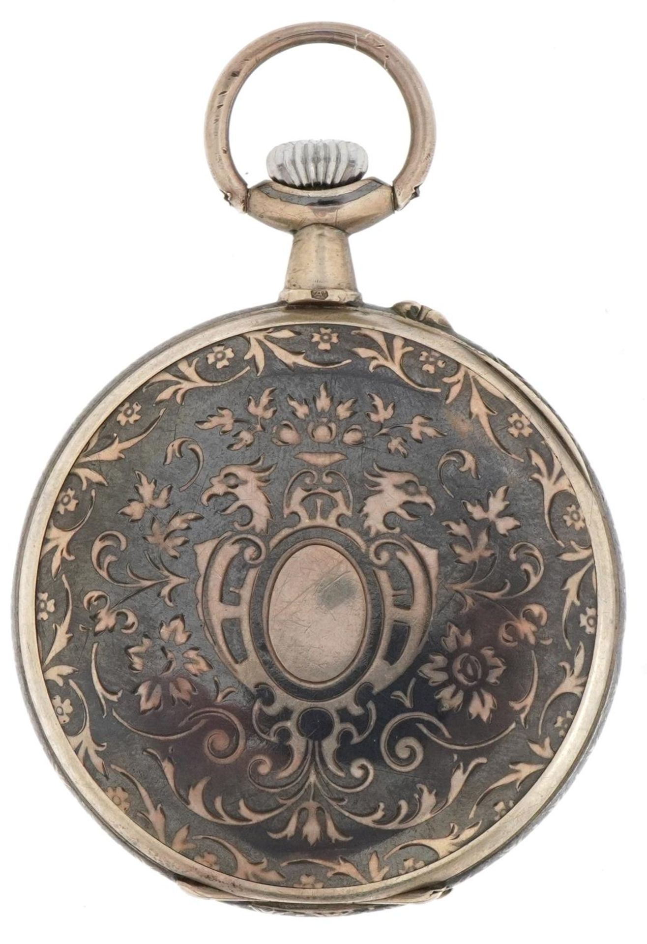 German 800 grade silver niello work open face keyless pocket watch having enamelled and subsidiary - Image 2 of 5