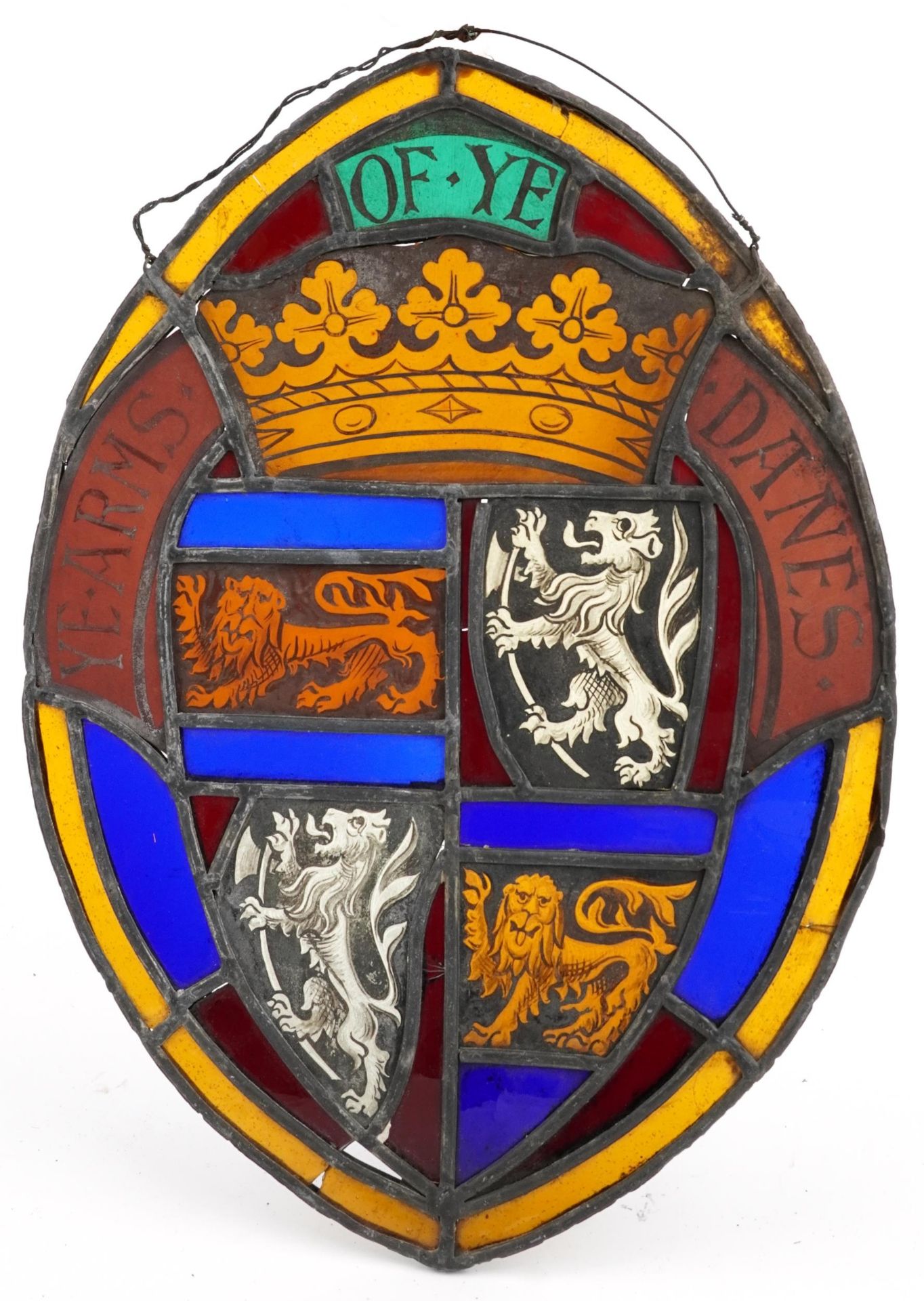 Four Danish leaded stained glass Heraldic Coat of Arms including one with lions and a bear, the - Bild 8 aus 9