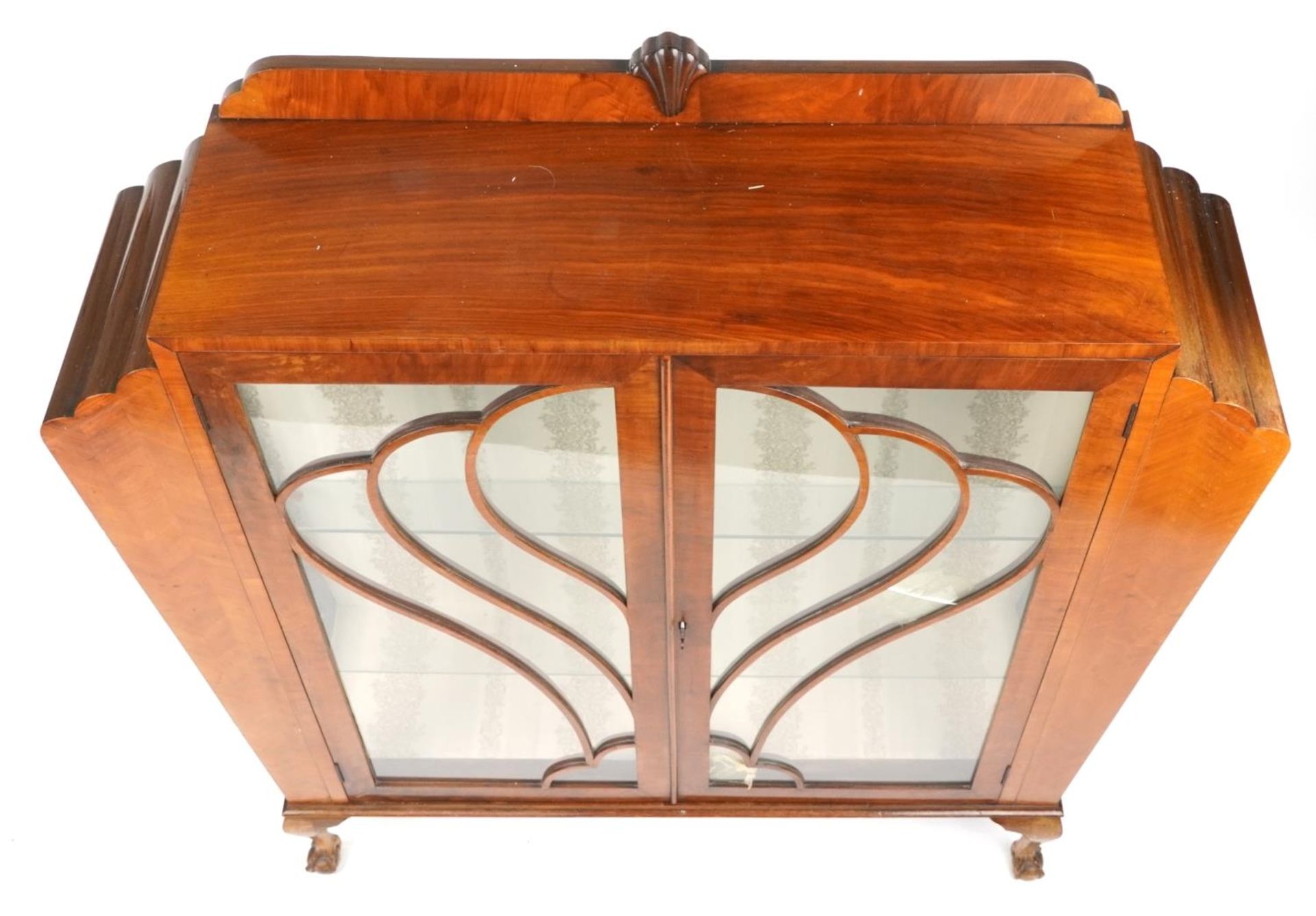 Art Deco inlaid walnut fan design display cabinet with glazed doors on claw and ball feet, 130cm H x - Image 3 of 4