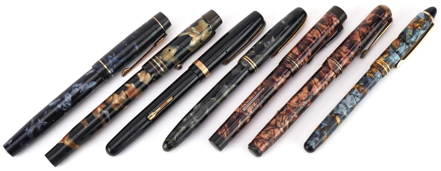 Selection of vintage marbleised fountain pens including Burnham, Watermans and Croxley