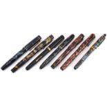 Selection of vintage marbleised fountain pens including Burnham, Watermans and Croxley