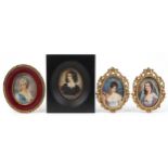 Four oval hand painted and hand coloured oval portrait miniatures including a pair housed in gilt