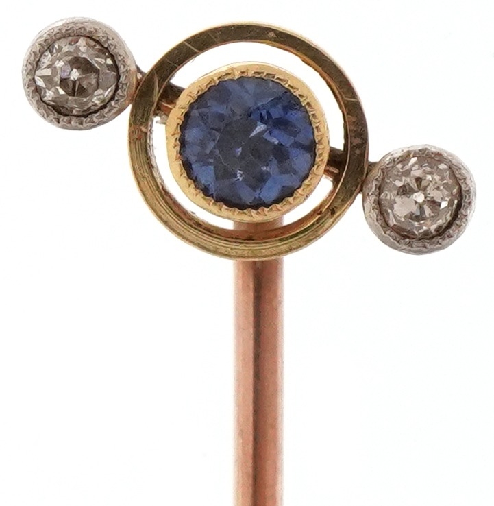 Art Deco unmarked gold diamond and sapphire three stone stickpin, 5.5cm in length, 1.2g