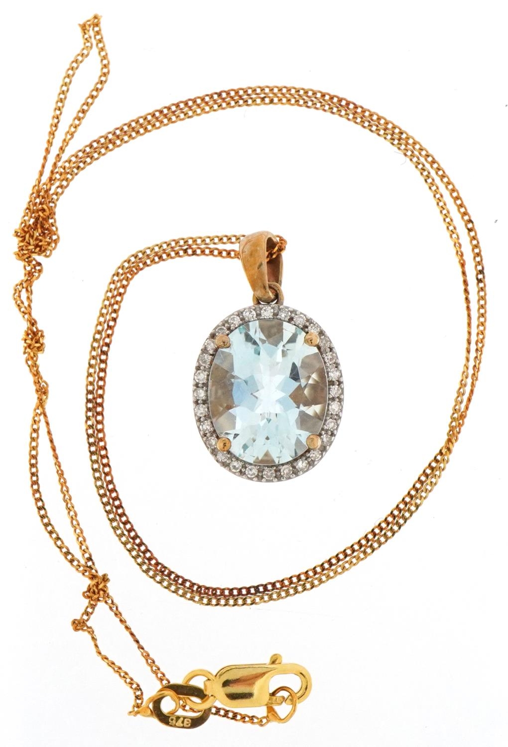 9ct gold aquamarine and diamond cluster pendant on a 9ct gold necklace, 2cm high and 40cm in length, - Image 2 of 4