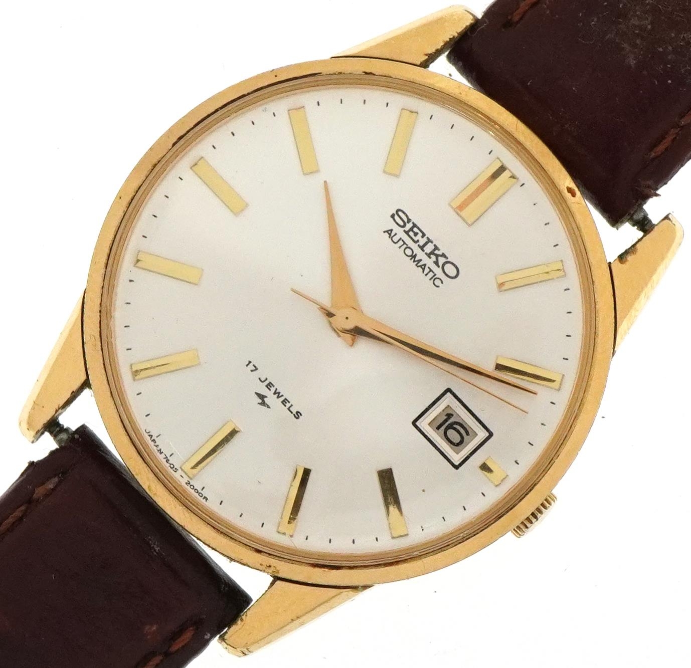 Seiko, gentlemen's Seiko automatic wristwatch having white dial with date aperture, model 7005-2000,