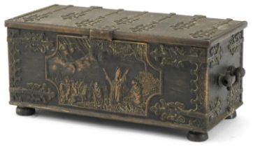 Victorian Gothic bronze casket with religious panel and inscription to the lid, 9cm H x 20cm W x 9cm