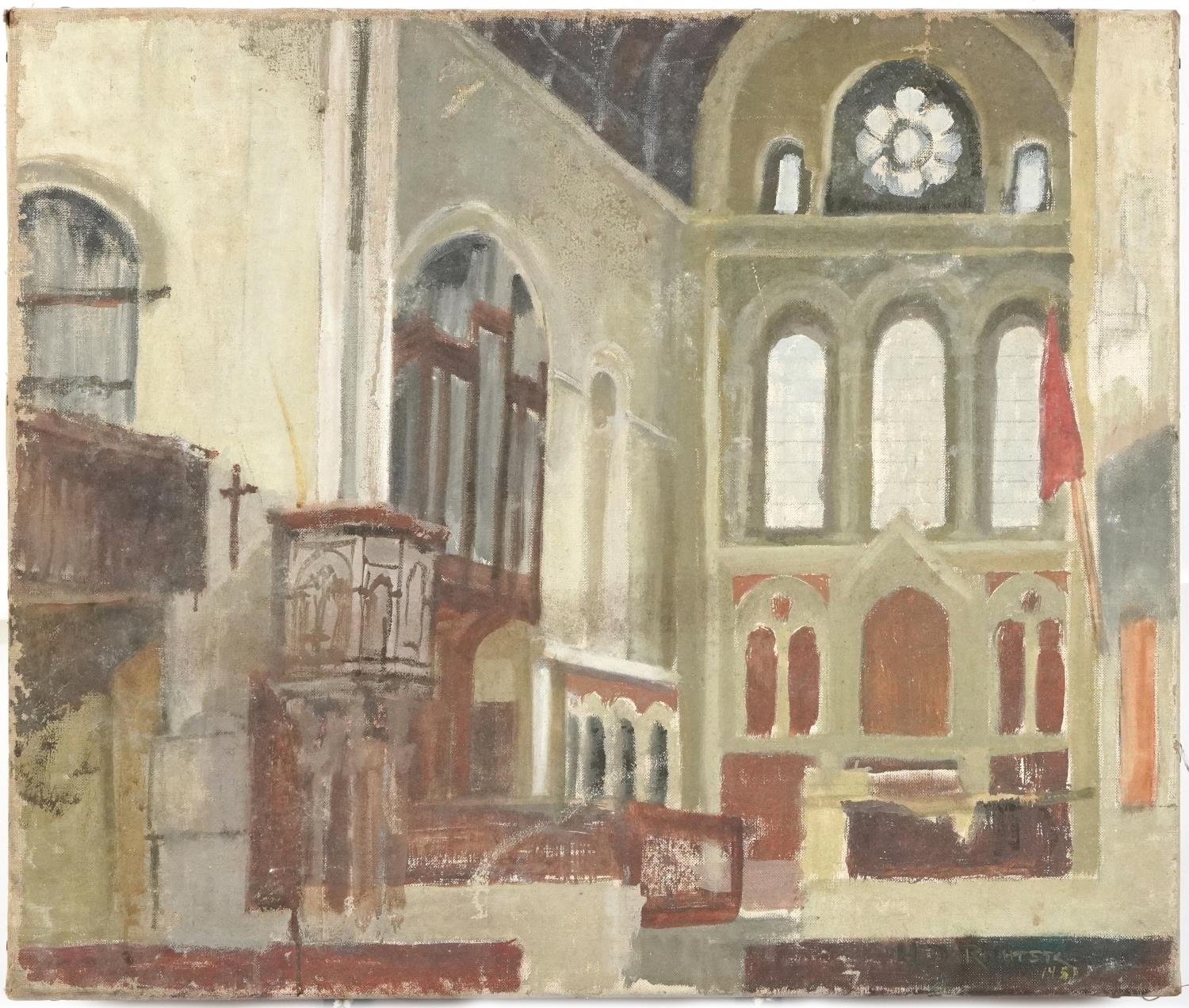 Interior of a church, oil on canvas, unframed, 61cm x 51cm - Image 2 of 4