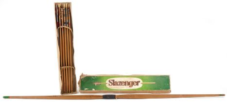 Vintage hardwood longbow and set of Slazenger arrows with box, the longbow 176cm in length