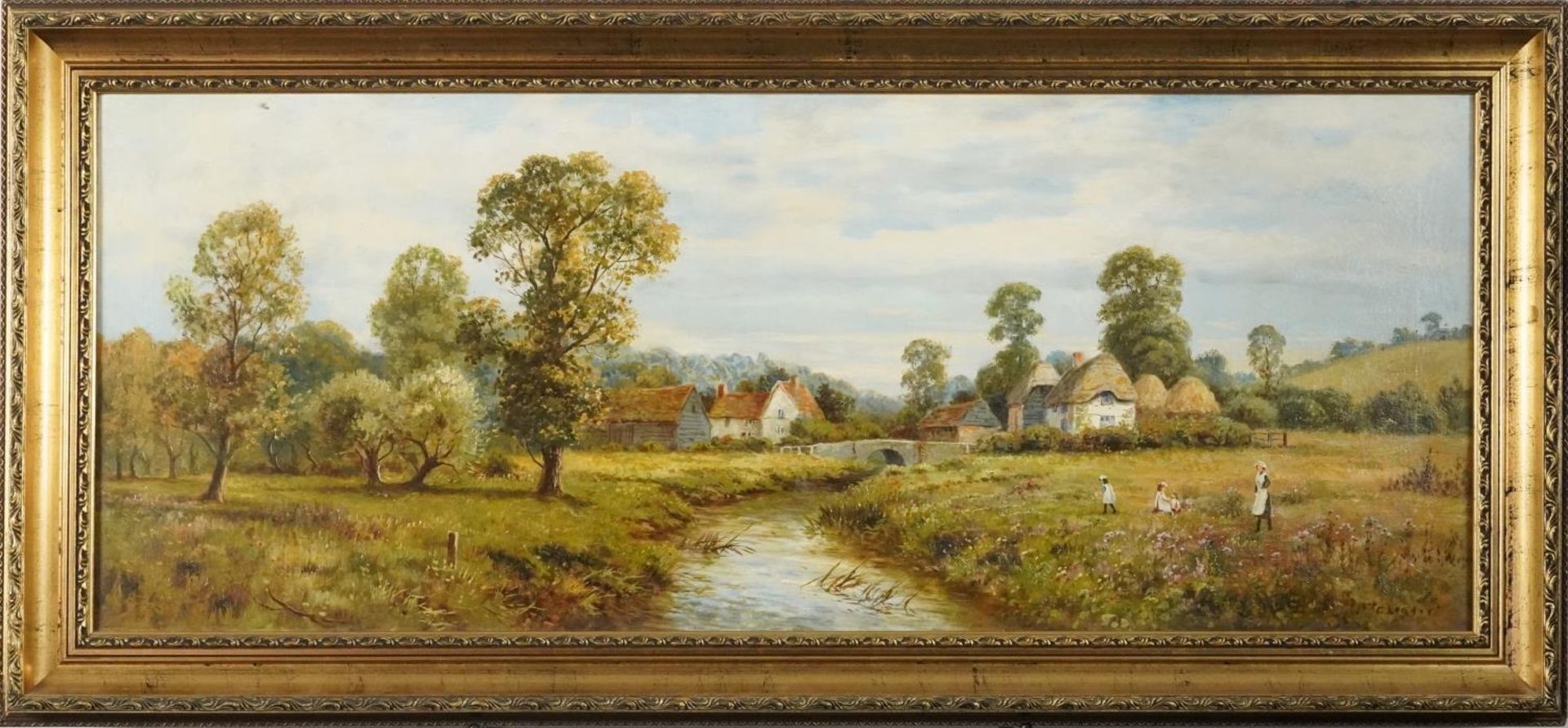 G Leader - Mother with children beside a river before cottages, late 19th century panoramic oil on - Bild 2 aus 5