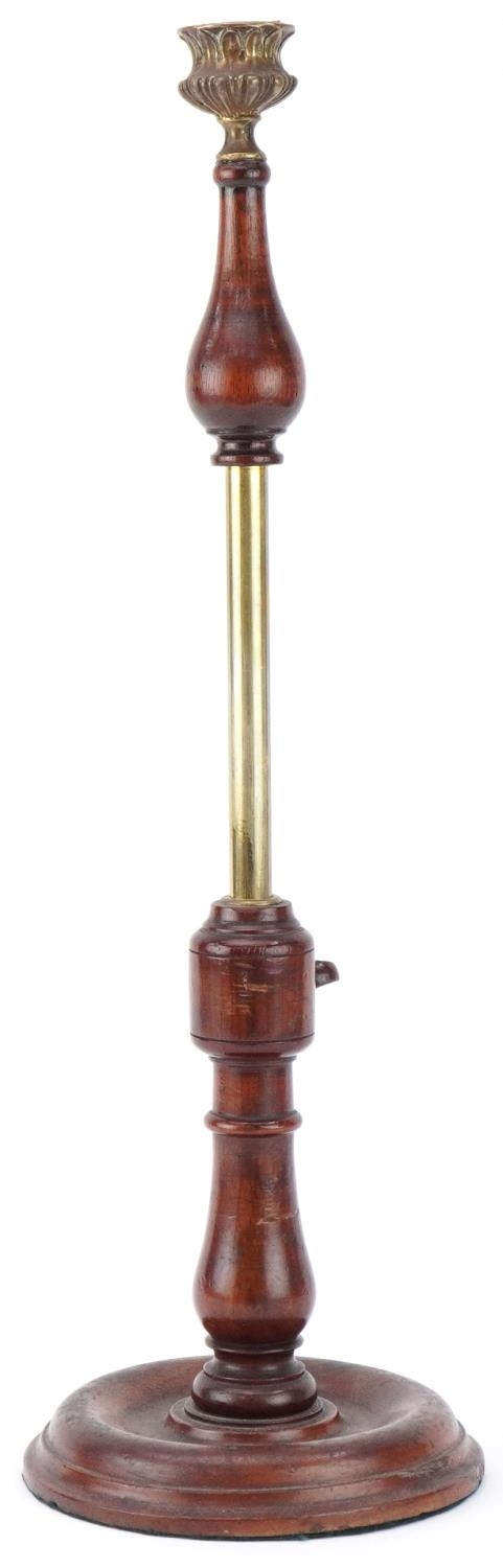 Victorian mahogany and brass rise and fall candlestick with brass sconce, 31cm when closed - Image 2 of 4