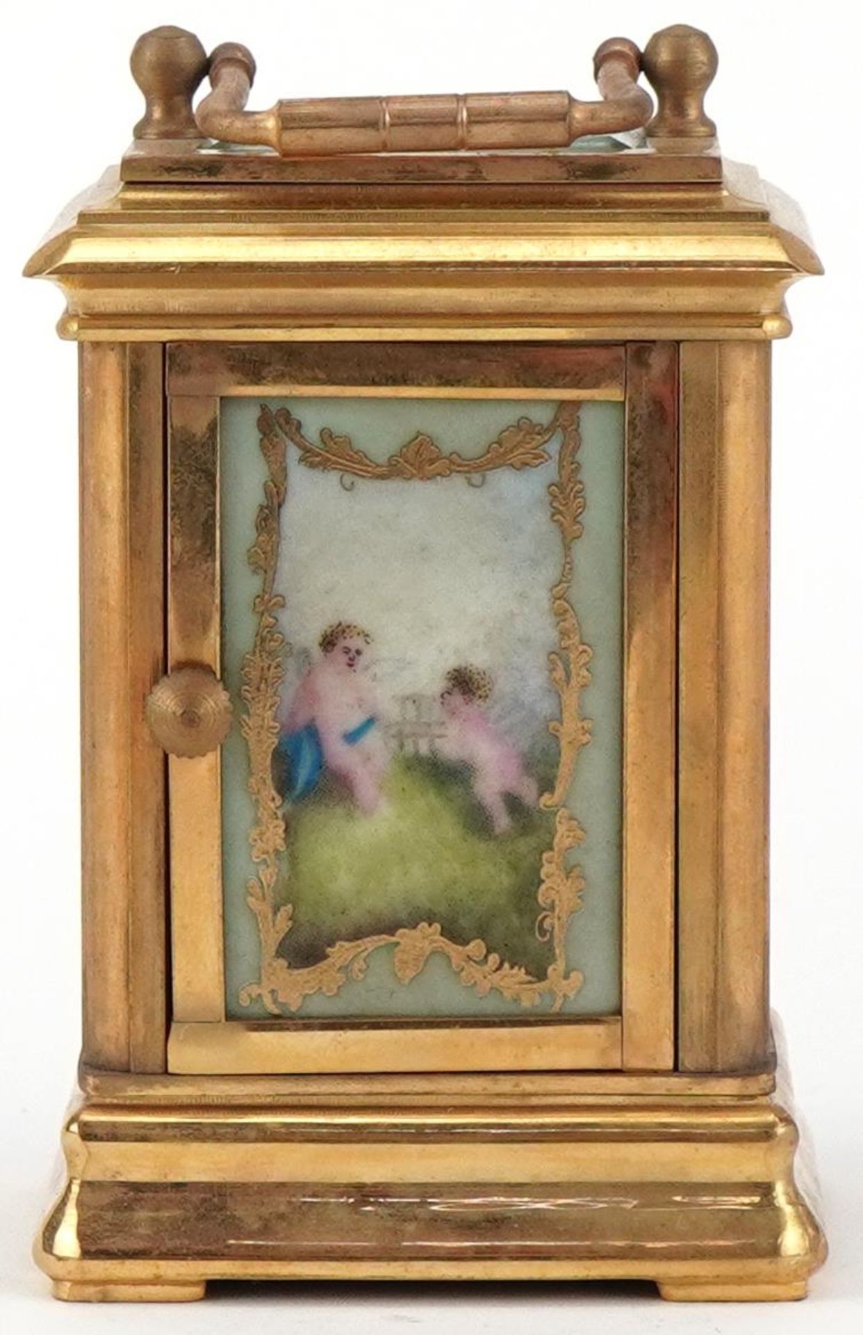 Miniature brass cased carriage clock with Sevres type porcelain panels decorated with Putti, 8cm - Bild 3 aus 7