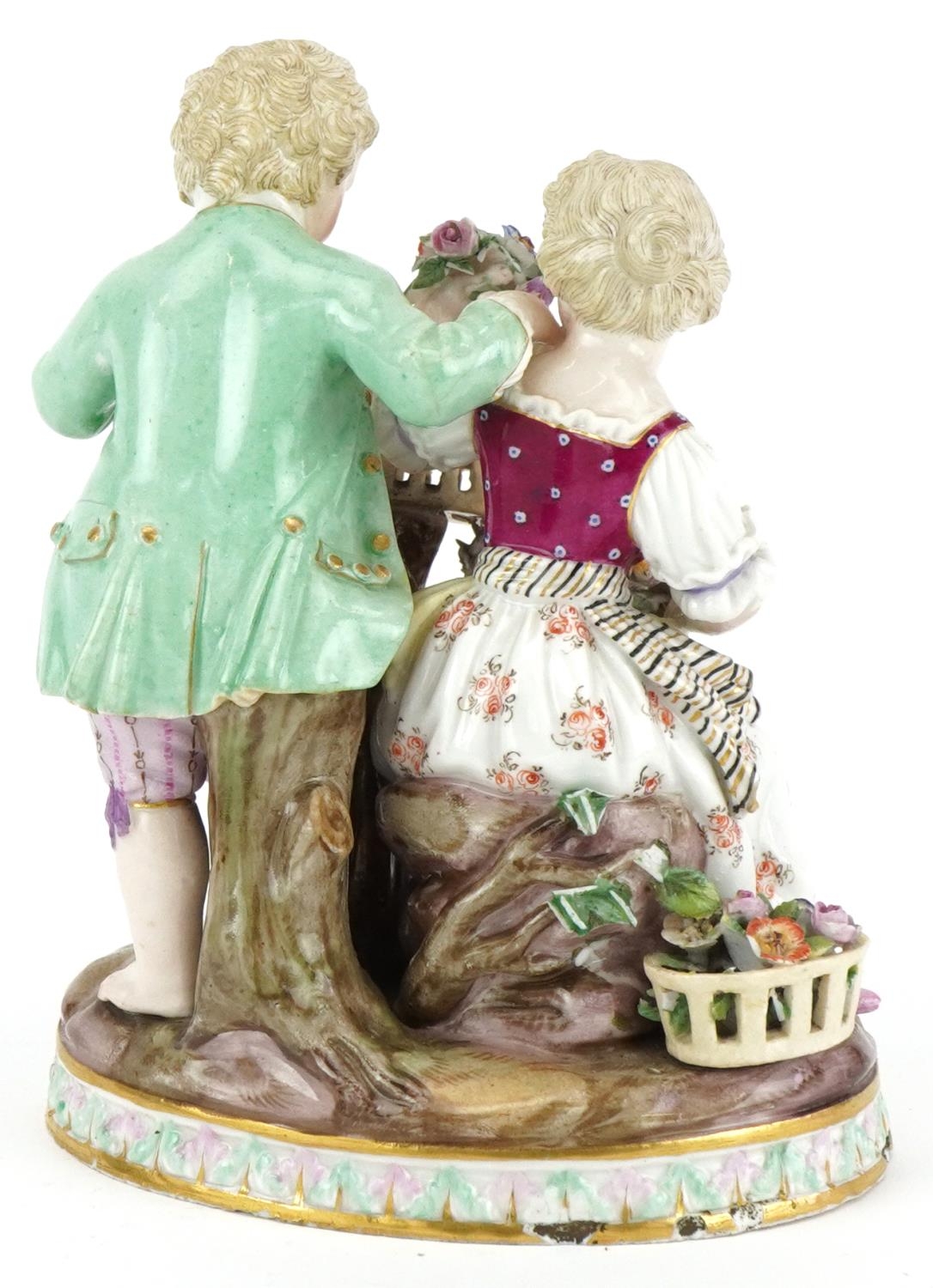Hand painted Meissen porcelain figure group of a boy, girl with bird cage, blue crossed swords - Image 2 of 3