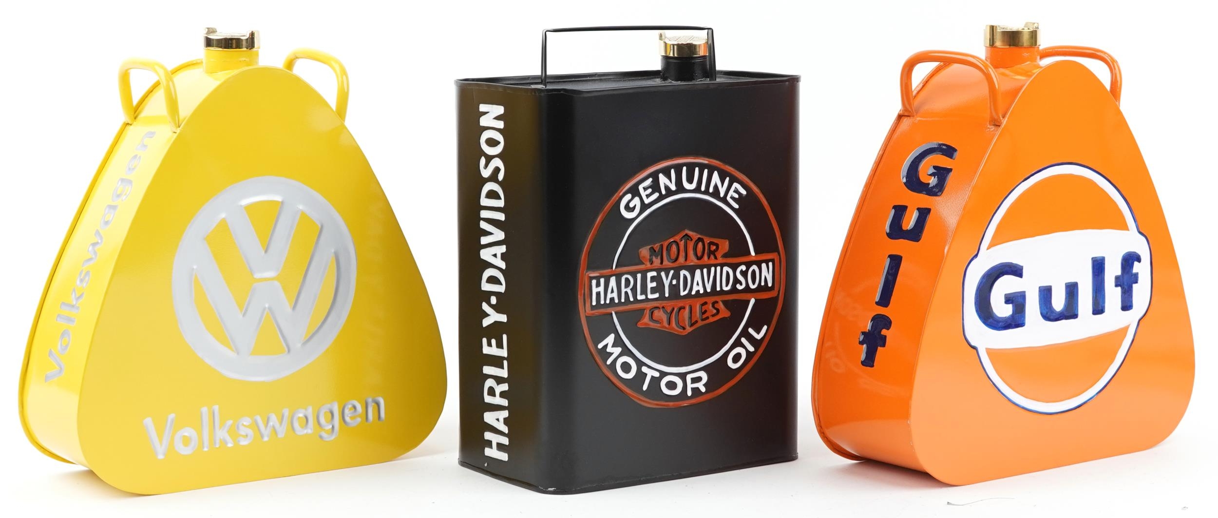 Three advertising metal fuel cans a Harley Davison, Volkswagen and Gulf, each 34cm high - Image 2 of 3