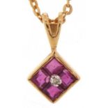 9ct gold pink spinel and diamond pendant on a Italian Unoaerre 14ct gold necklace, 1.3cm high and