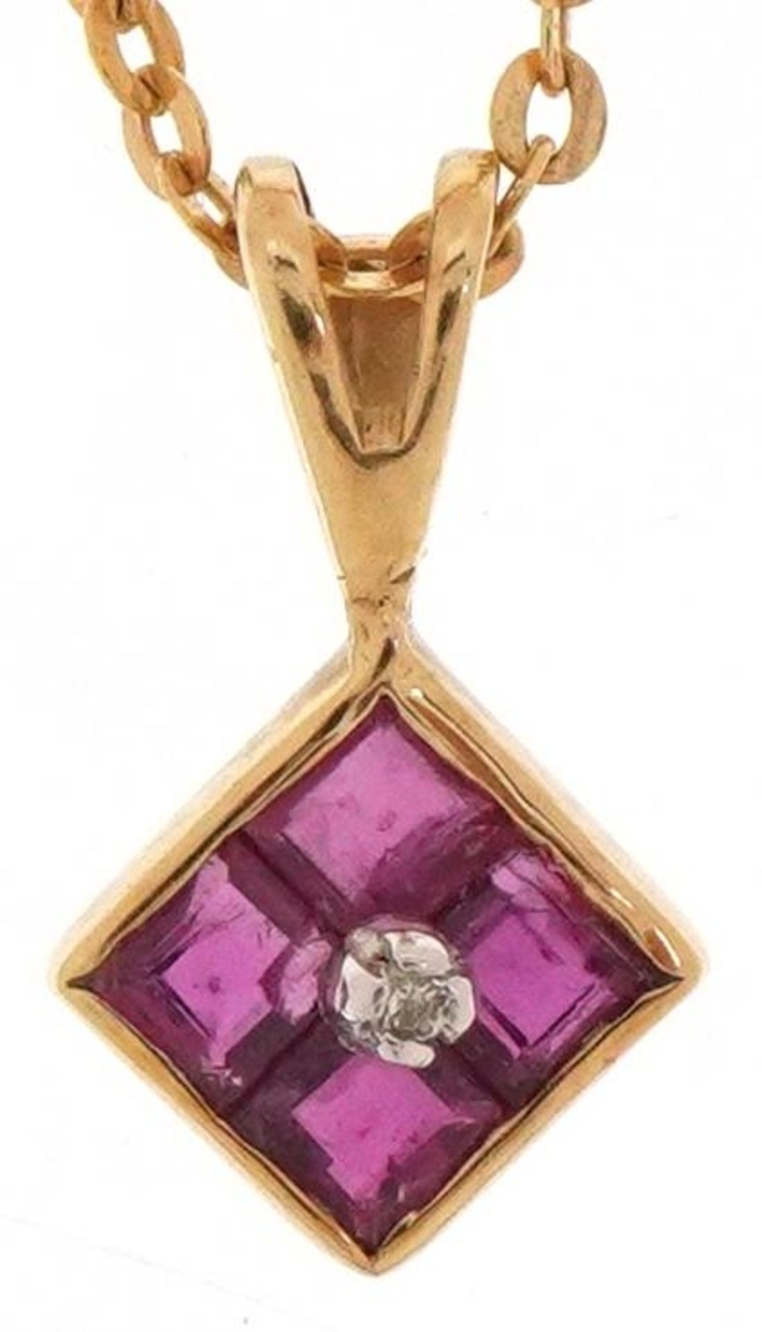 9ct gold pink spinel and diamond pendant on a Italian Unoaerre 14ct gold necklace, 1.3cm high and