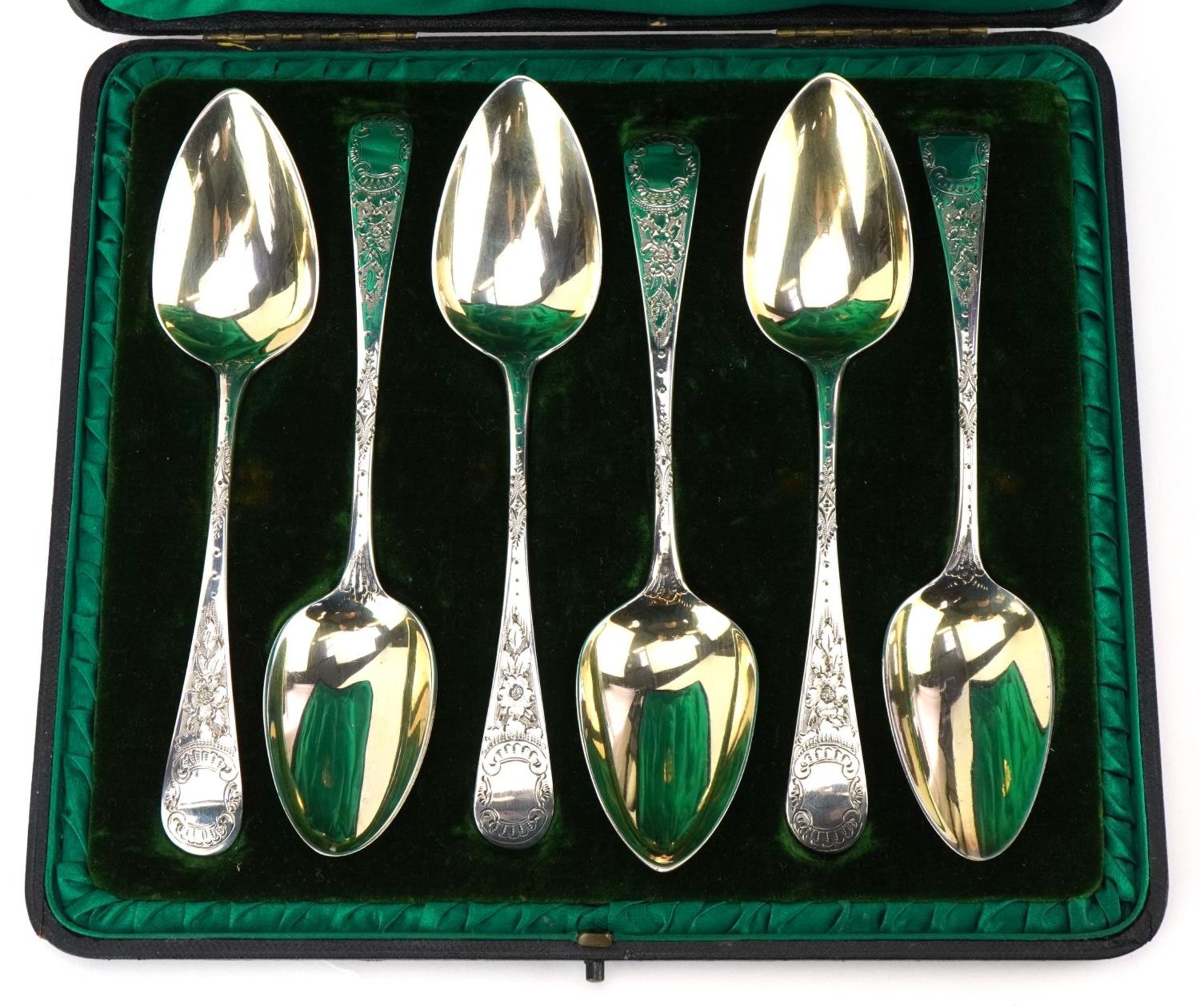 Matched set of six George III silver spoons housed in a Jays Oxford Street London jeweller's case, - Bild 2 aus 6