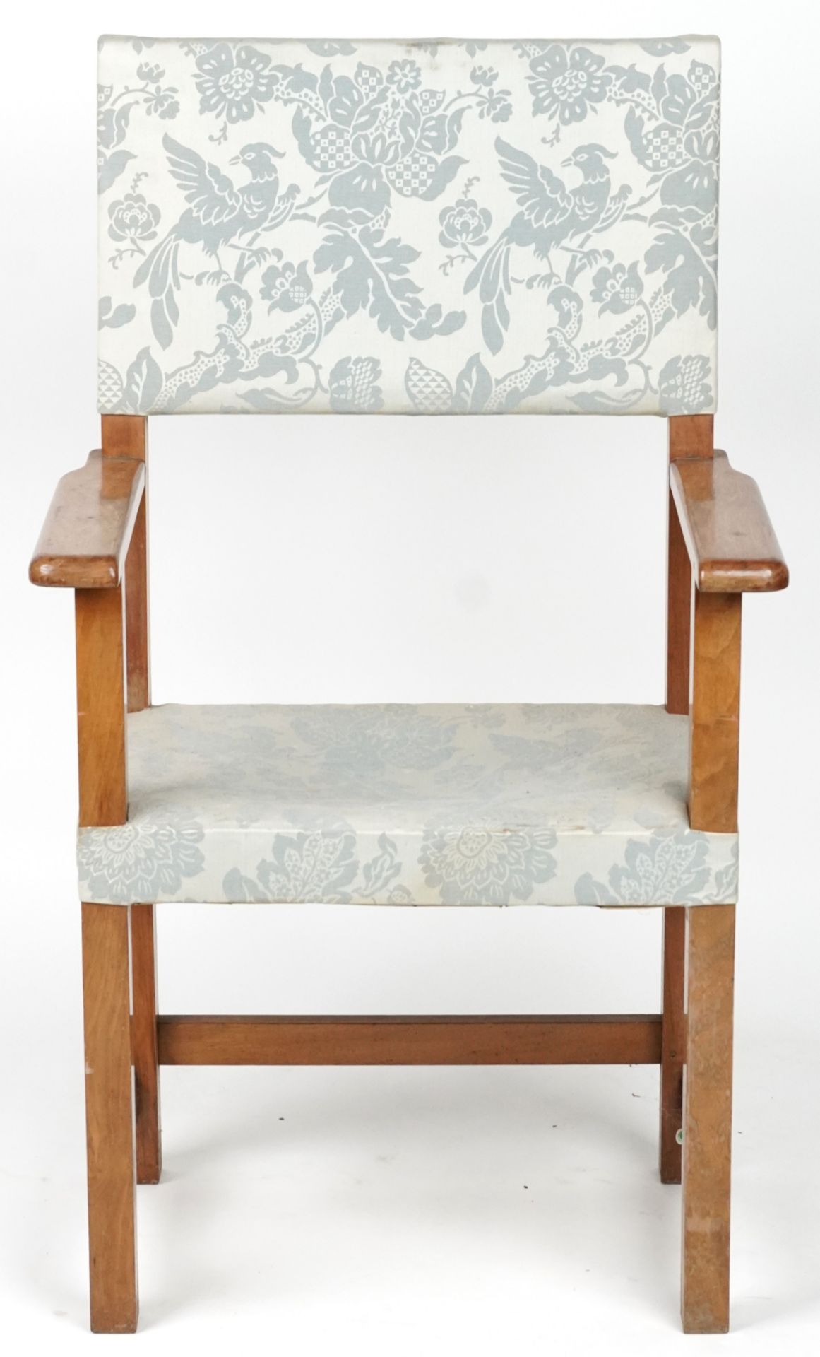 Arts & Crafts lightwood framed open armchair with bird of paradise upholstery, 118cm high - Image 2 of 4