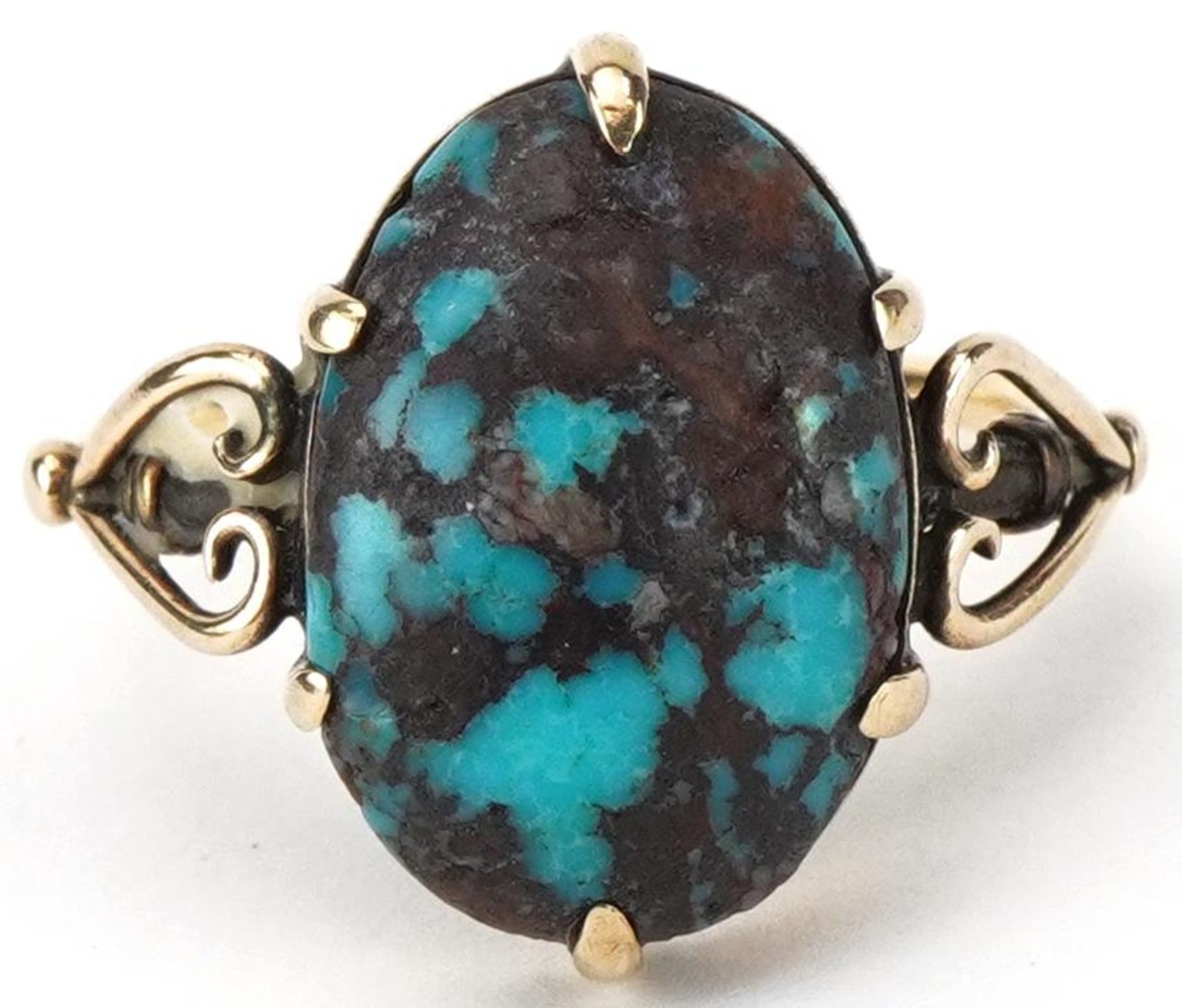 Antique unmarked gold cabochon matrix turquoise ring with love heart shoulders, tests as 15ct