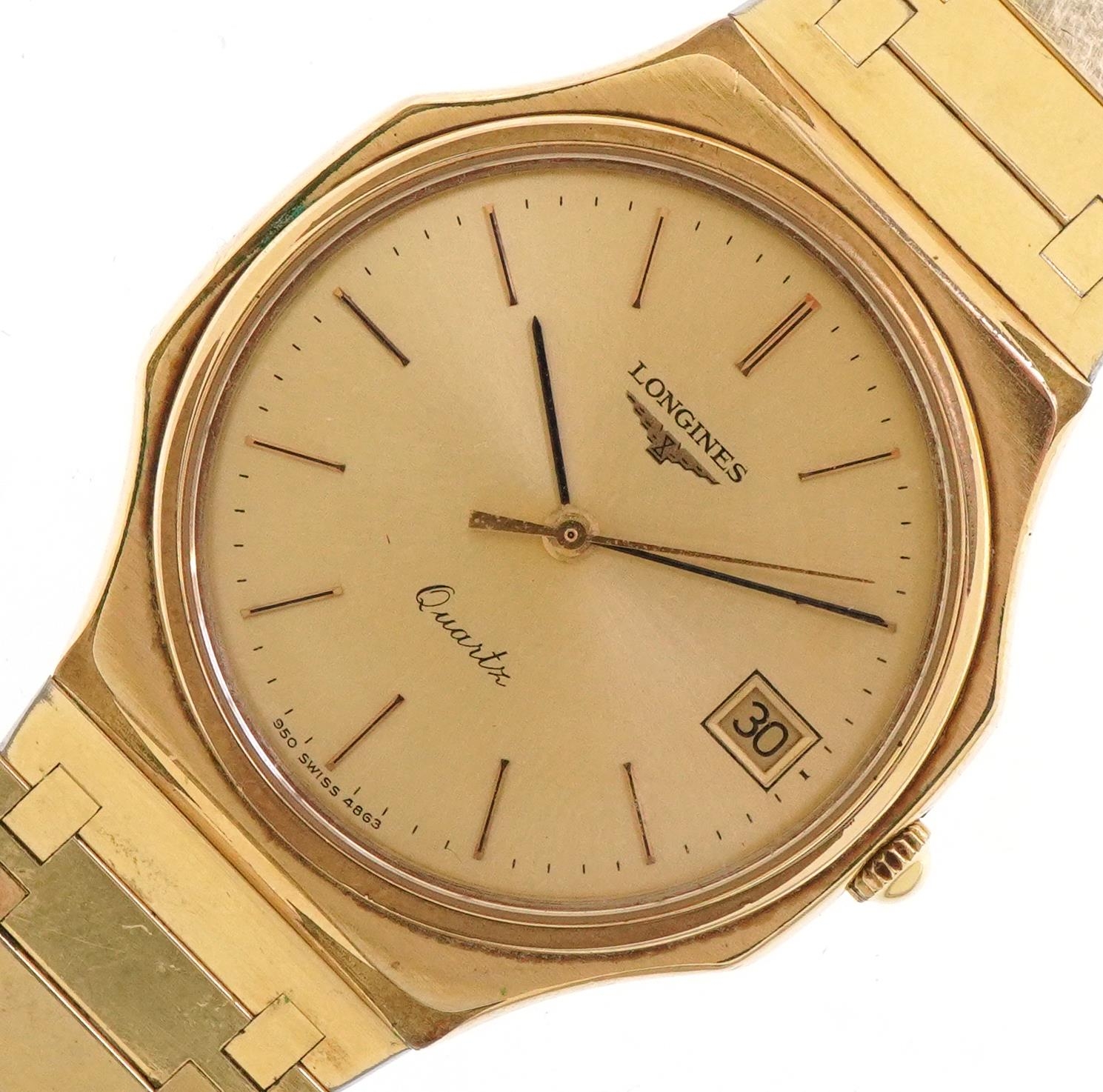 Longines, gentlemen's gold plated quartz wristwatch having champagne dial with date aperture and