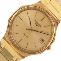 Longines, gentlemen's gold plated quartz wristwatch having champagne dial with date aperture and