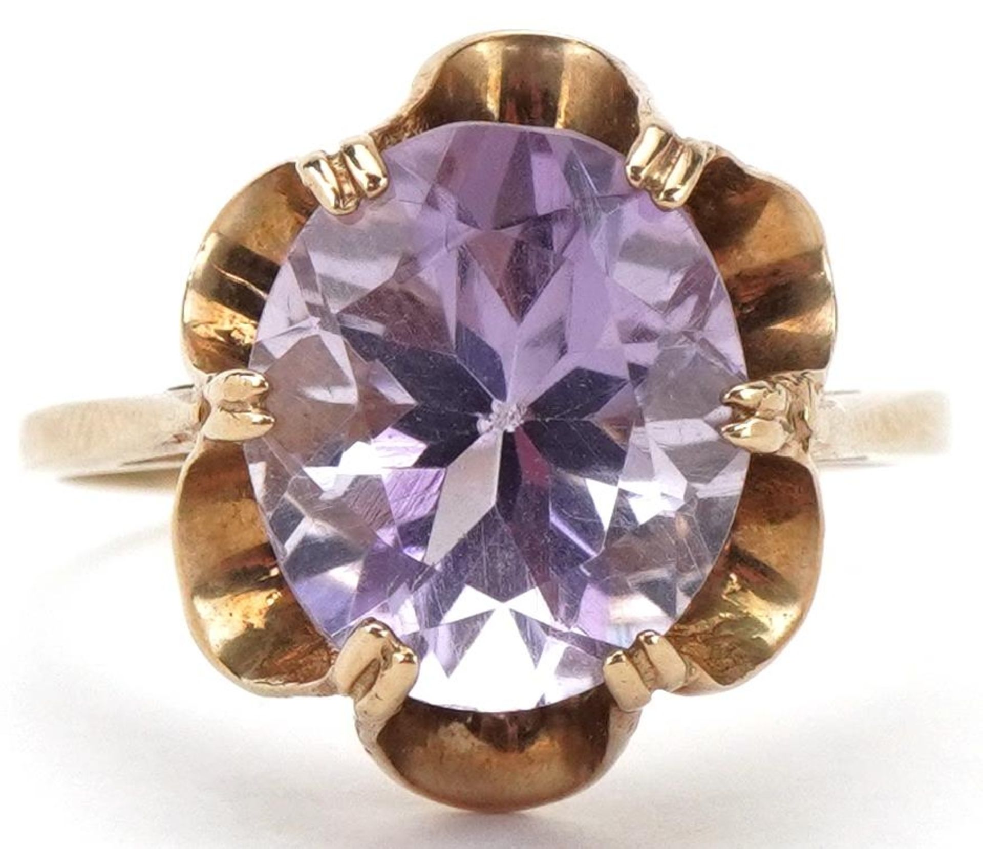 9ct gold amethyst solitaire ring, the amethyst approximately 11.80mm x 10.80mm x 7.40mm deep, size