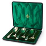 Matched set of six George III silver spoons housed in a Jays Oxford Street London jeweller's case,